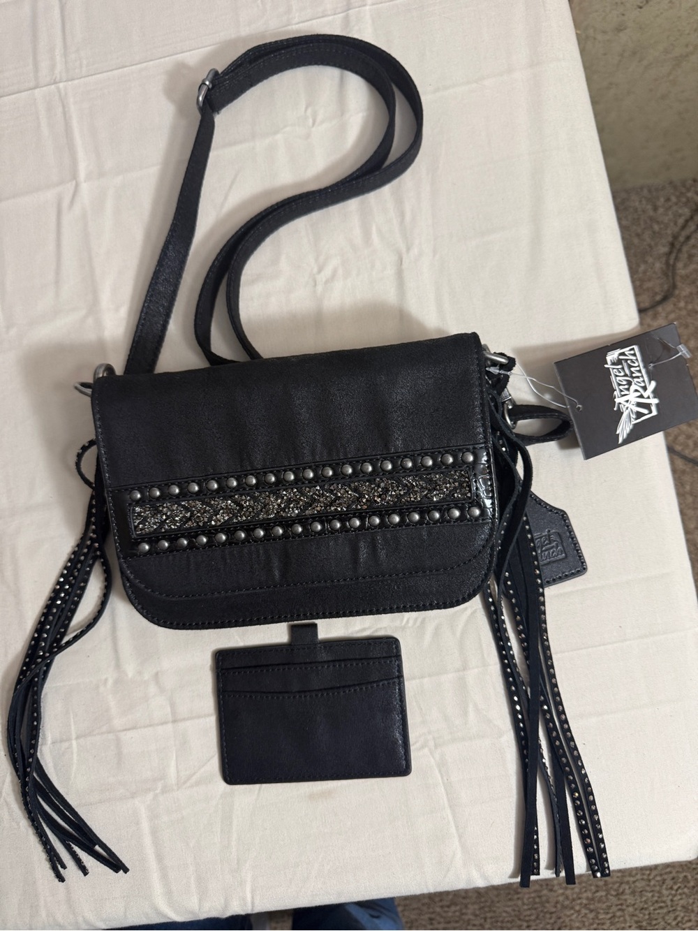 Angel Ranch Black Studded Fringe Crossbody Bag with Card Sleeve